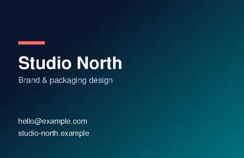 Business card for Studio North: a dark navy to teal gradient with white name, a coral accent line and contact lines