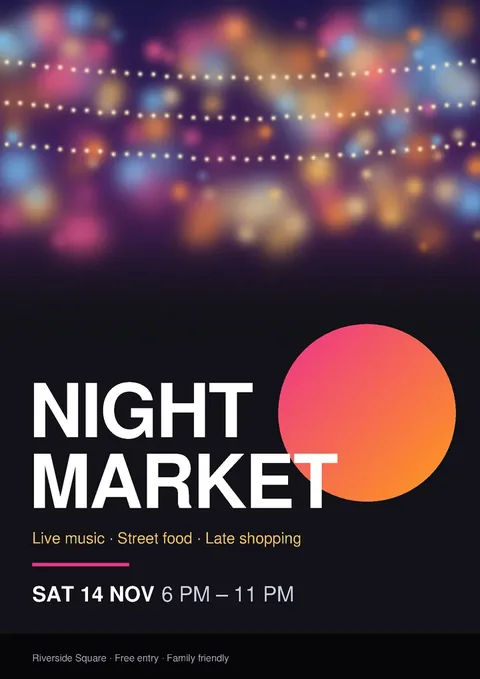 Night-market event poster: a dark background with blurred colored lights at the top, a pink-to-orange circle and large white NIGHT MARKET lettering